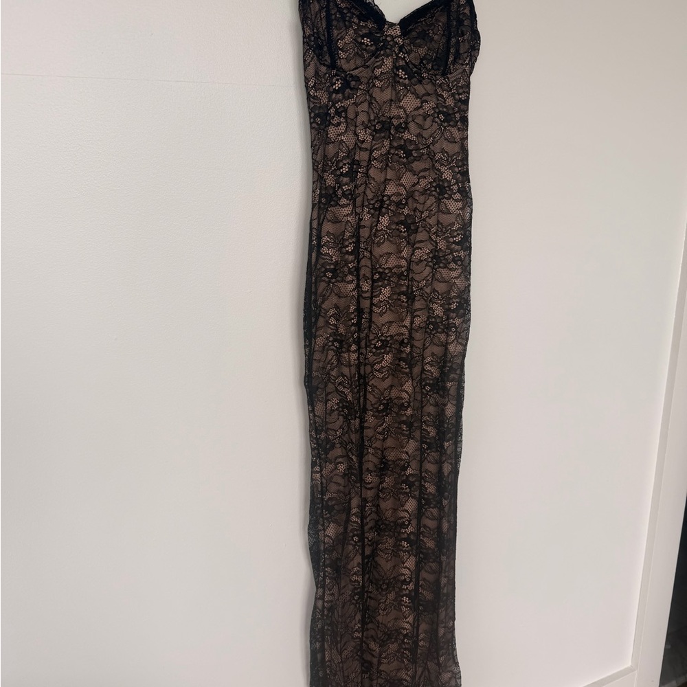 Black Lace Maxi Dress with Nude Underlayer — Sleek Evening Gown